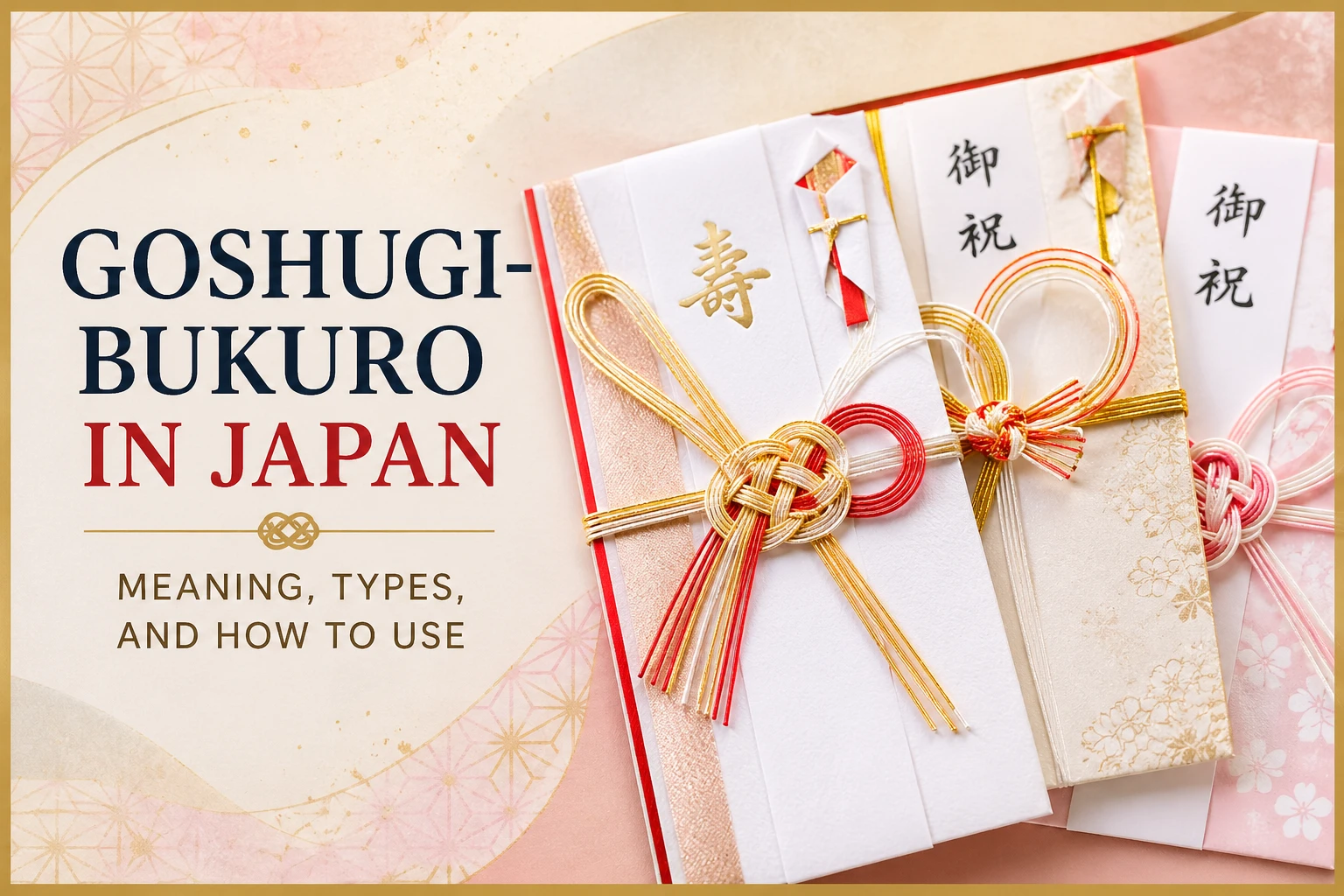 Decorative Japanese goshugi-bukuro envelopes with red and gold mizuhiki cords arranged on a soft patterned background
