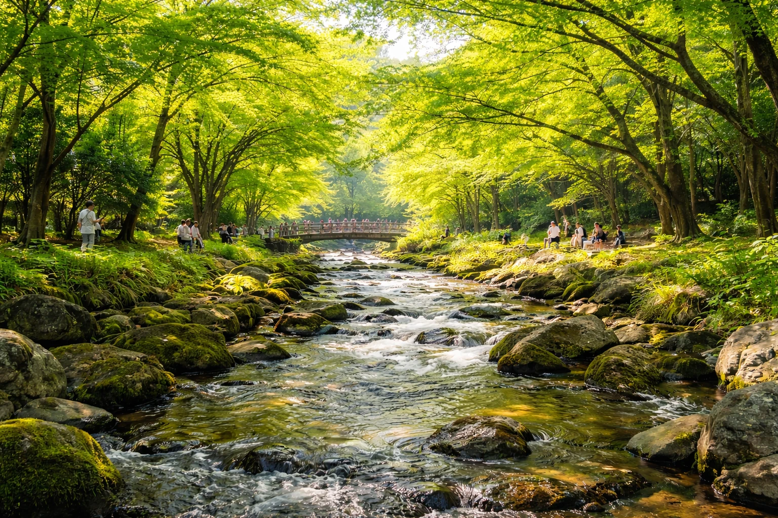 Fresh green trees and a peaceful riverside scene in Japan during spring, reflecting the atmosphere of Greenery Day and Golden Week