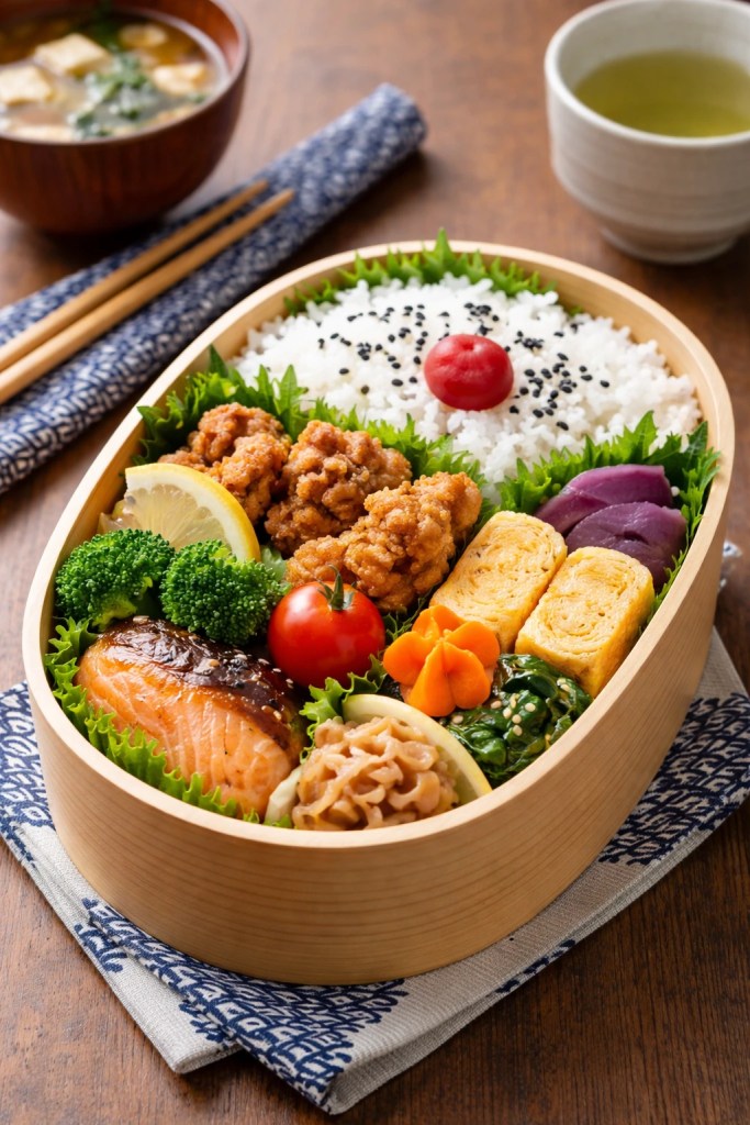 Japanese bento box with white rice, fried chicken, salmon, tamagoyaki, broccoli, cherry tomato, and lemon wedge on a bed of greens; tea cup in background