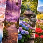 Seasonal flower spots in Japan featuring cherry blossoms, wisteria, hydrangeas, and summer fields in a horizontal collage