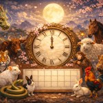 A serene Japanese-inspired landscape featuring a central clock and calendar symbolizing the flow of time, surrounded by zodiac animals, cherry blossoms, and soft moonlight, expressing seasonal rhythm and harmony with nature