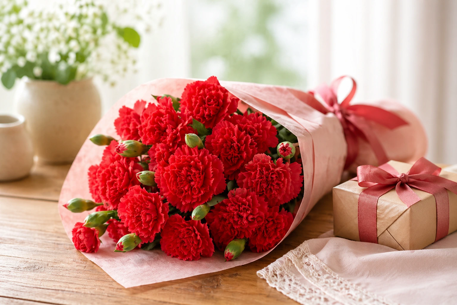 Red carnations and gift box for Mother’s Day in Japan