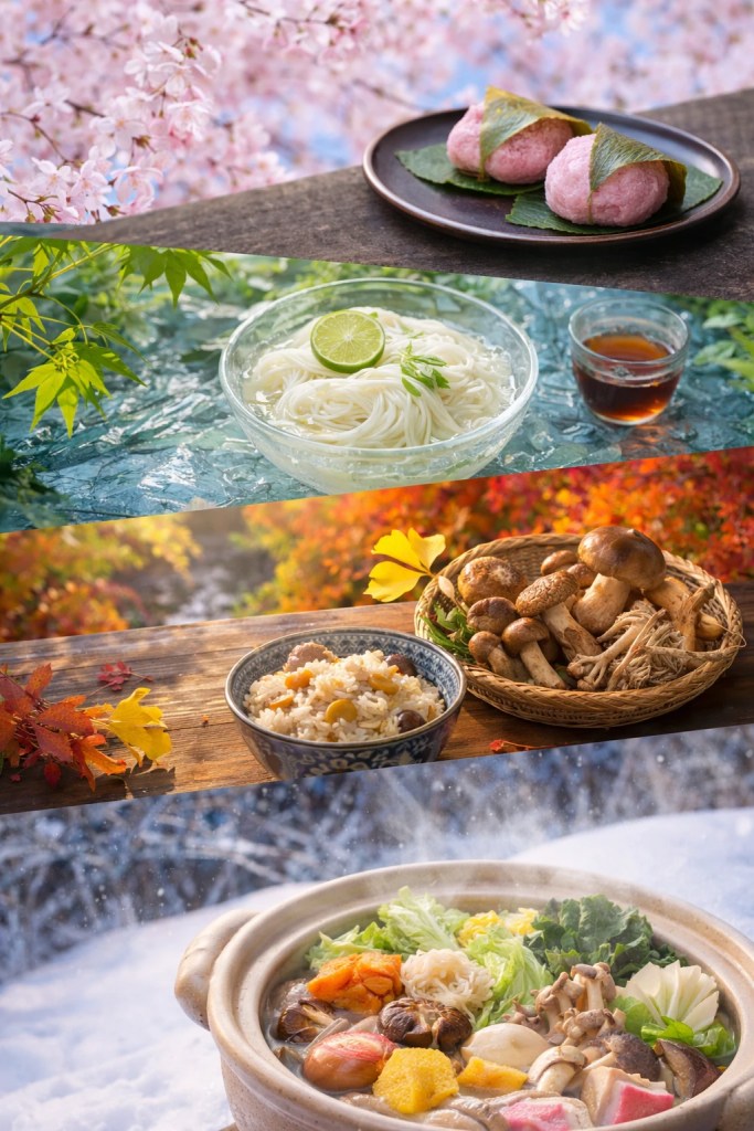 Seasonal foods in Japan featuring sakura mochi in spring, chilled somen noodles in summer, mushrooms and chestnut rice in autumn, and a steaming hot pot in winter