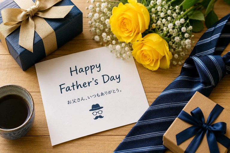 Father’s Day in Japan gift scene with a handwritten card, yellow roses, wrapped presents, a necktie, and a ceramic cup on a wooden table.