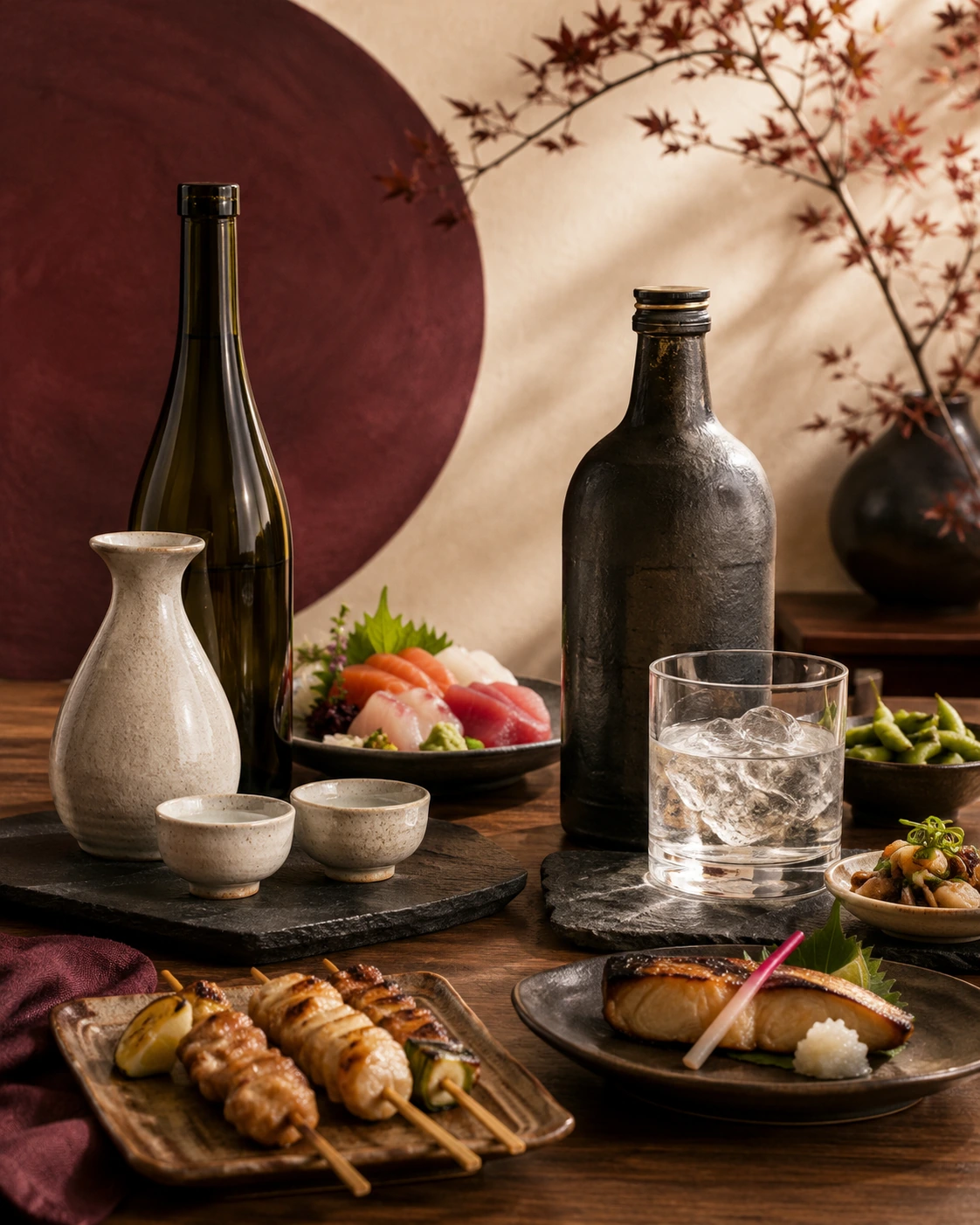 Japanese sake and shochu bottles with ceramic cups, sashimi, grilled skewers, and Japanese dishes arranged on a wooden table for a sake and shochu pairing guide.
