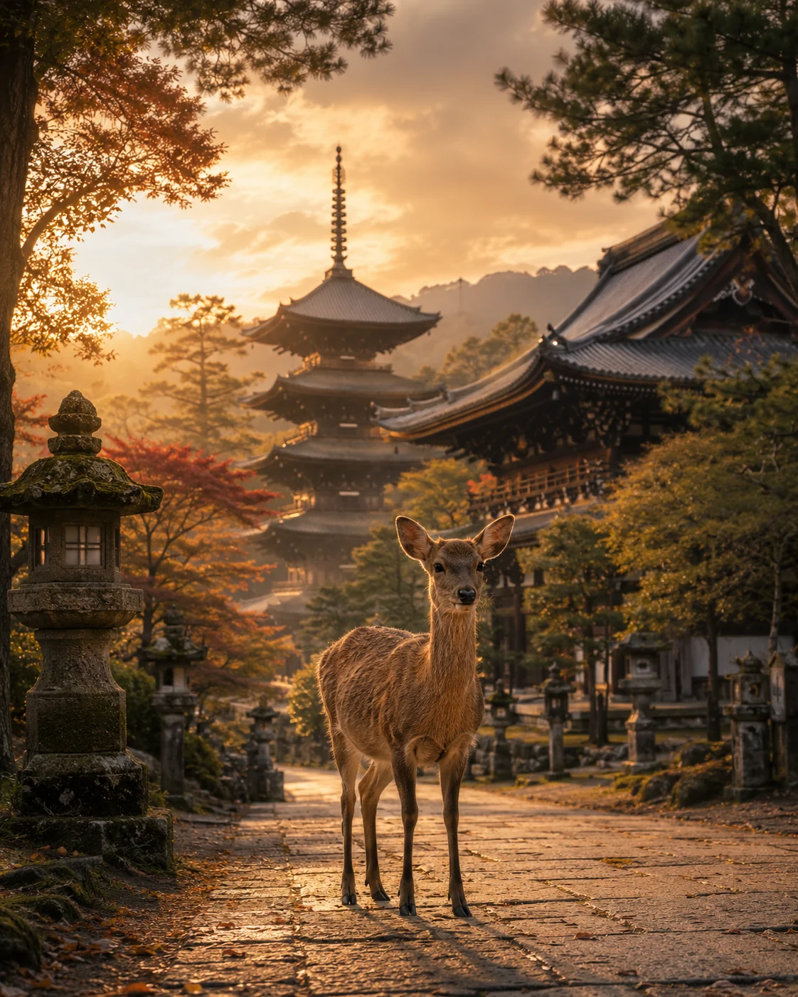 Sacred deer standing on a stone path in Nara with a pagoda, temple buildings, and autumn trees at golden hour