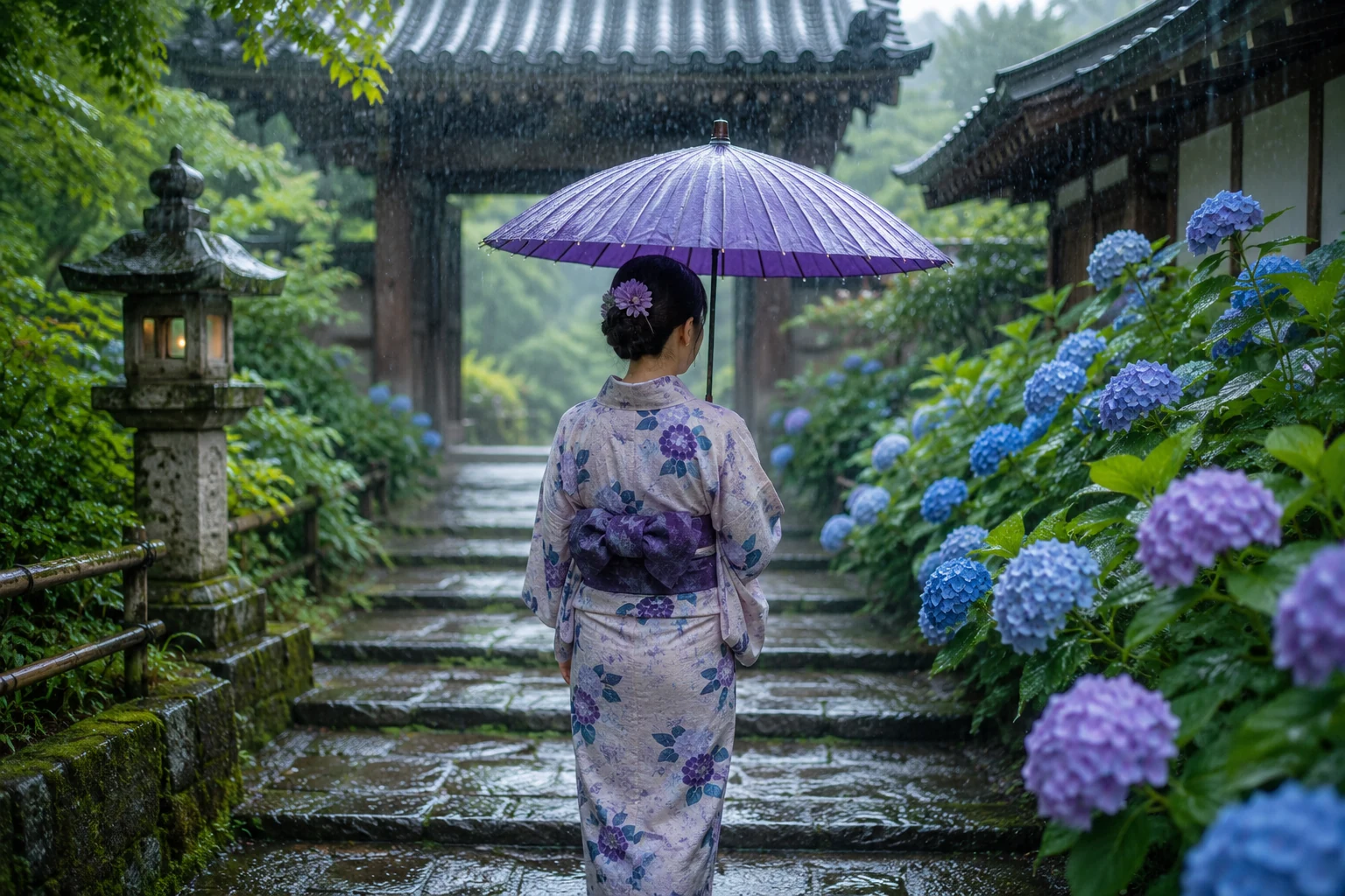 Rainy season in Japan scene with hydrangeas, wet stone path, temple gate, and a person holding a purple umbrella in a quiet garden.
