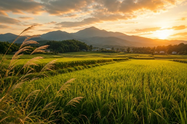 Alt text: Golden hour over green rice fields and distant mountains in rural Japan, with a few soft susuki grasses suggesting the first subtle signs of early autumn.