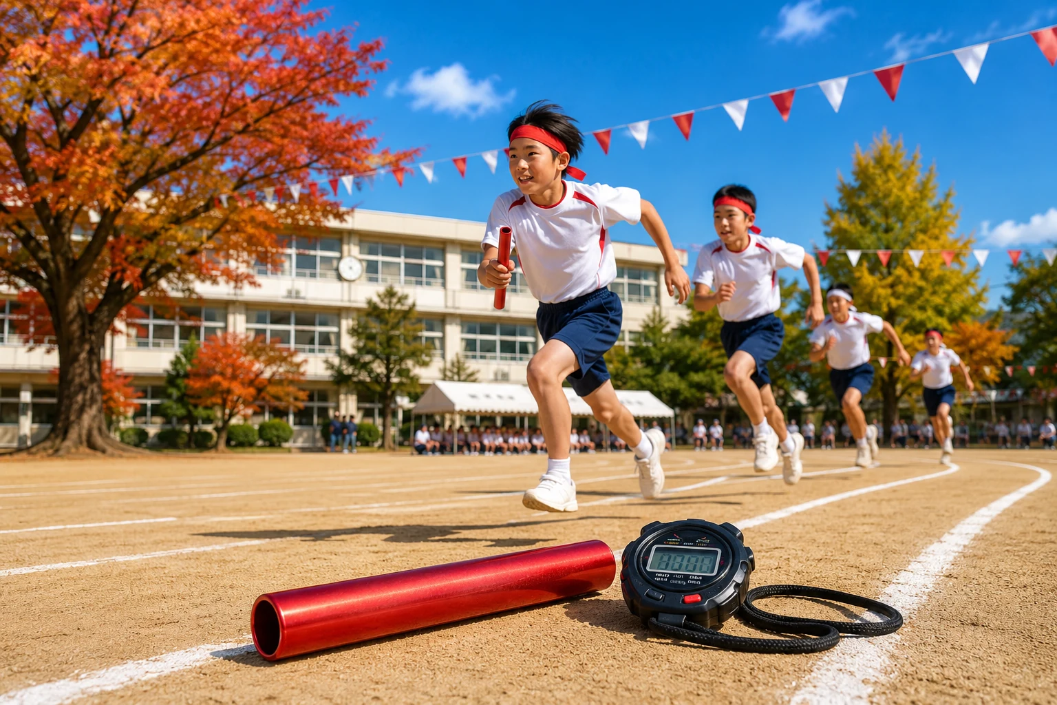 School children in white shirts and navy shorts sprint on a track in a relay race, a boy leading with a red baton in hand.