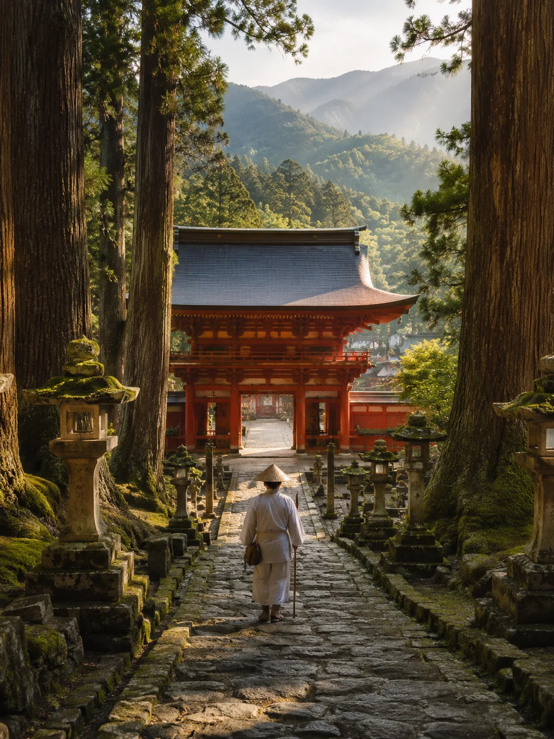Pilgrim walking along a stone path through a sacred forest toward a temple gate in Wakayama’s mountain landscape